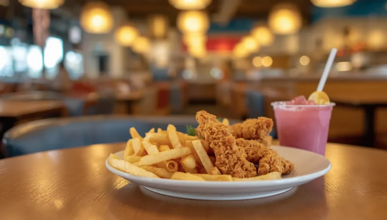 Kids meal plate with chicken tenders, french fries, and fruit cup, colorful