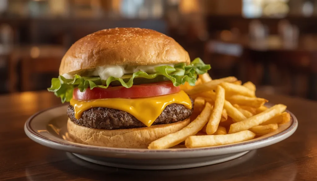 Applebee's classic cheeseburger with lettuce, tomato, pickles, and melted cheese, served with french fries on a plate