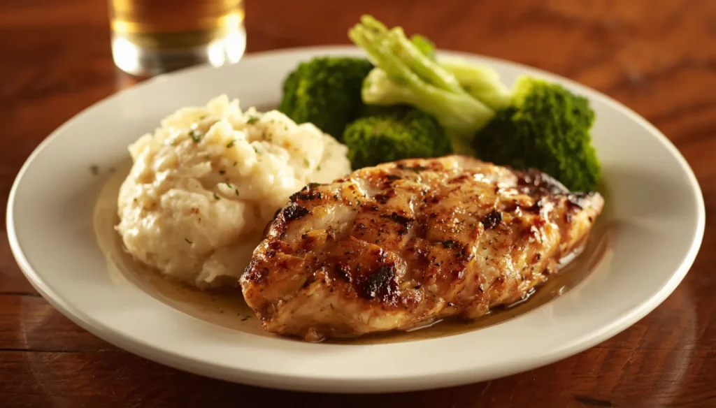 Applebee's grilled chicken entree with mashed potatoes and steamed broccoli